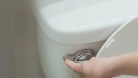 Hand pressing the flush lever on a white residential toilet that keeps gurgling