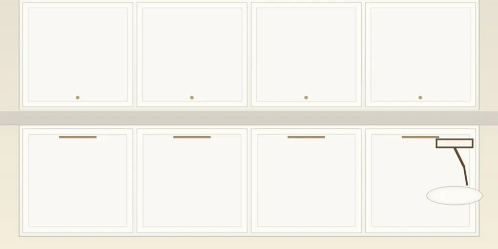 Freshly painted cream kitchen cabinets with paint roller and brush on counter