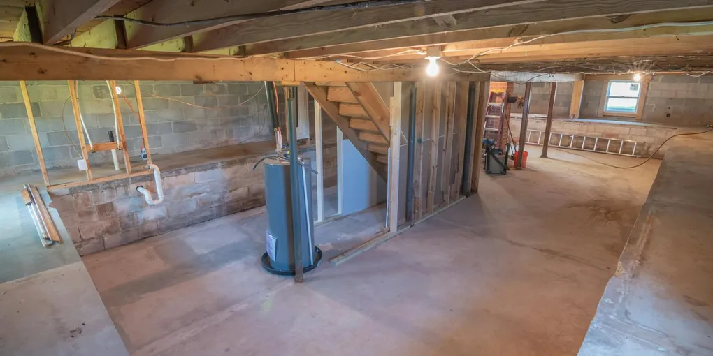 Dim basement corner with concrete walls and damp shadows, why does my house smell musty