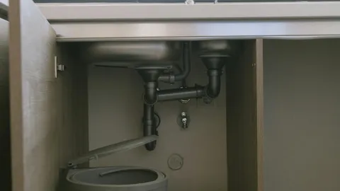 Sink drain P-trap and pipes under a cabinet, gurgling sink vent stack diagnostic