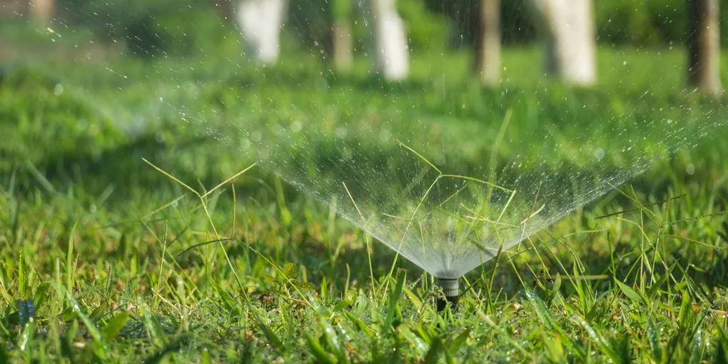 Pop-up sprinkler head spraying water across a green lawn, sprinkler head repair