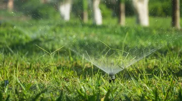 Pop-up sprinkler head spraying water across a green lawn, sprinkler head repair