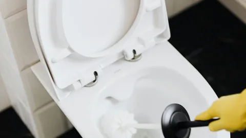 Toilet bowl rim and water surface close-up, fixing slow flushing toilet calcium buildup