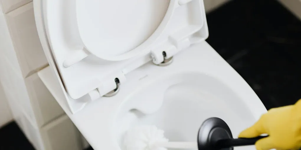 Toilet bowl rim and water surface close-up, fixing slow flushing toilet calcium buildup