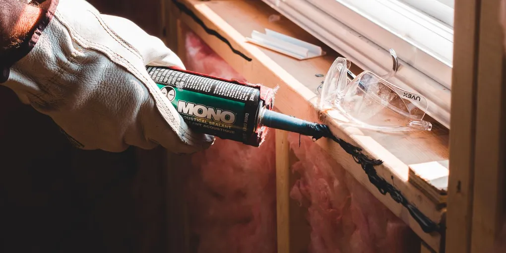 Gloved hand sealing a window frame gap to weatherstrip windows against summer air leaks